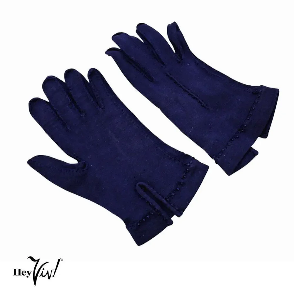 Vintage Blue Cotton Gloves French Knots Wrist Length Outside Stitching - Hey Viv